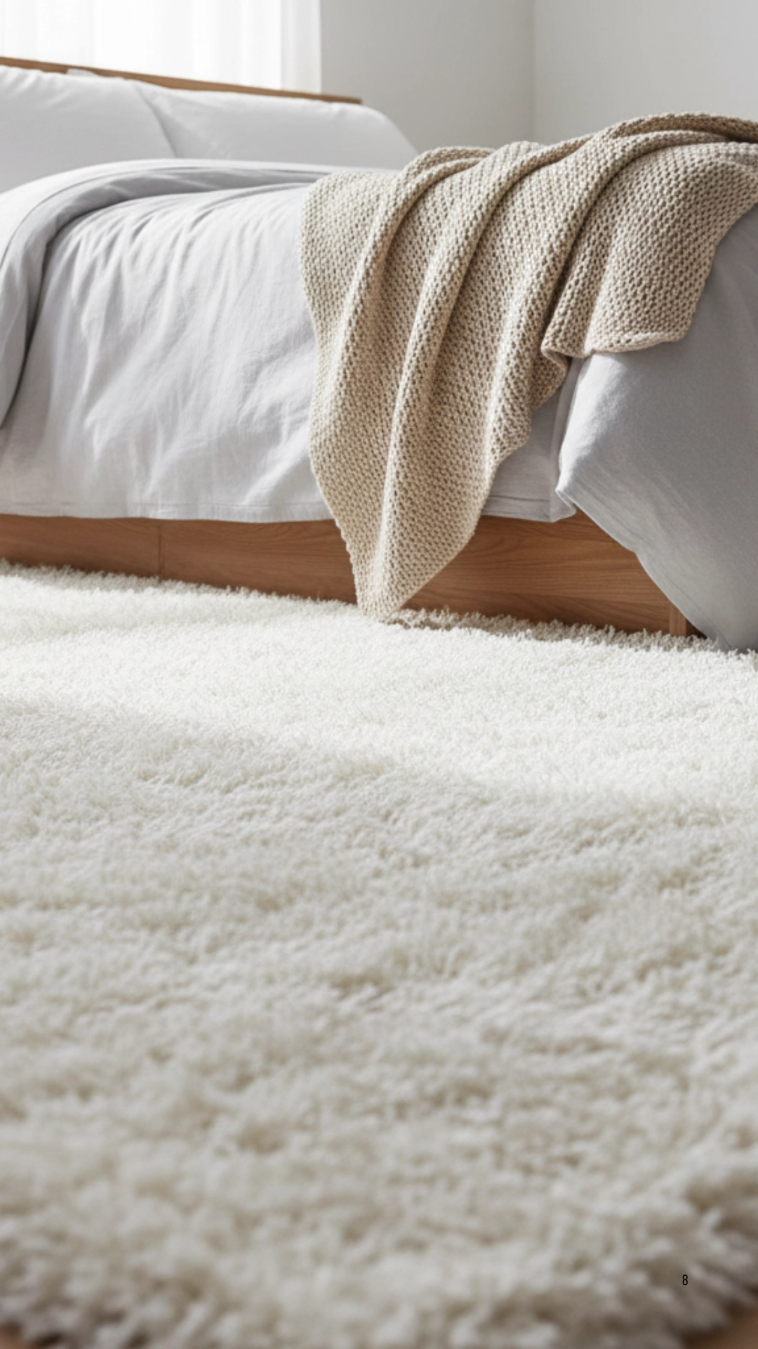 Bare feet stepping from a layered bed onto a thick, plush, faux-sheepskin rug on the floor.