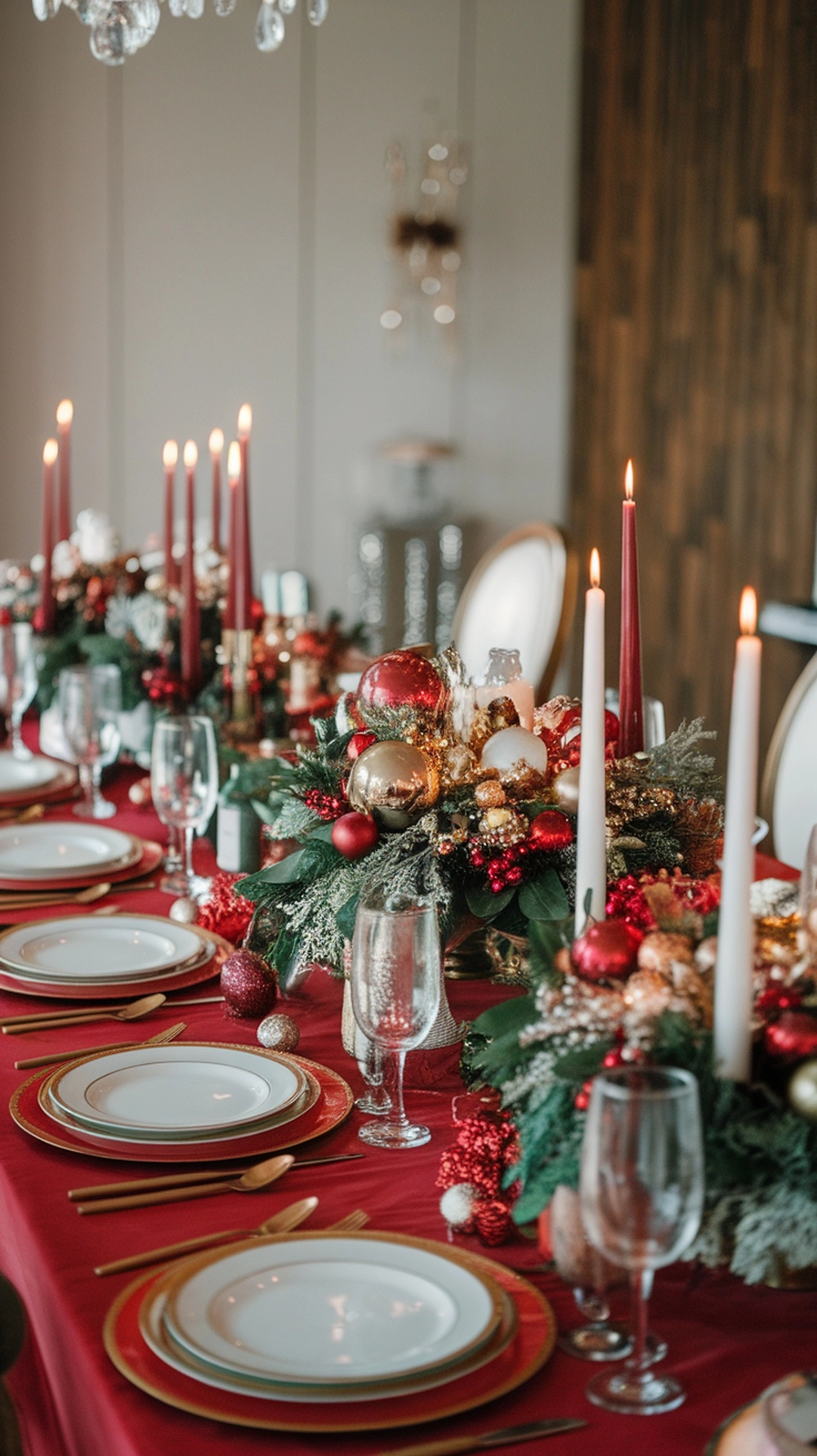 16 Stunning Red Christmas Decor Ideas 4 A beautifully decorated table with red Christmas decor, featuring candles, ornaments, and elegant tableware.