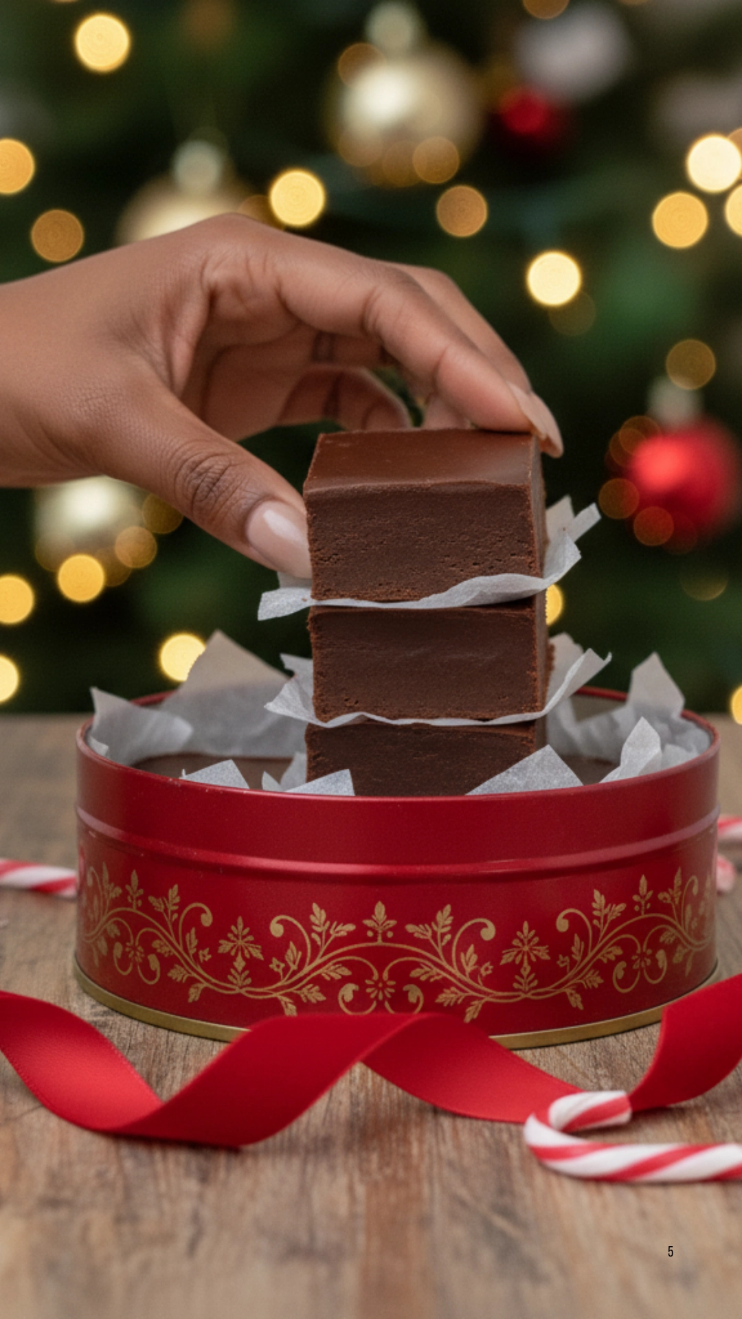 A hand packing homemade Christmas fudge into a festive gift tin