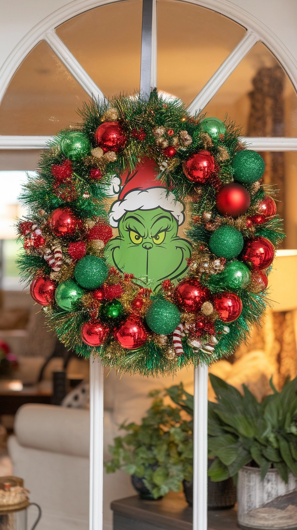 A colorful Grinch-inspired wreath with red and green ornaments and a Grinch face in the center.