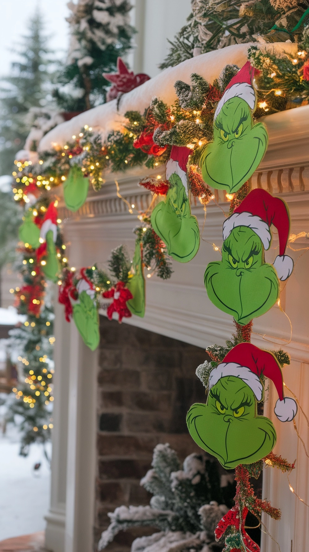 A festive Grinch-themed garland hanging over a fireplace, featuring Grinch faces and Santa hats, surrounded by holiday decorations.