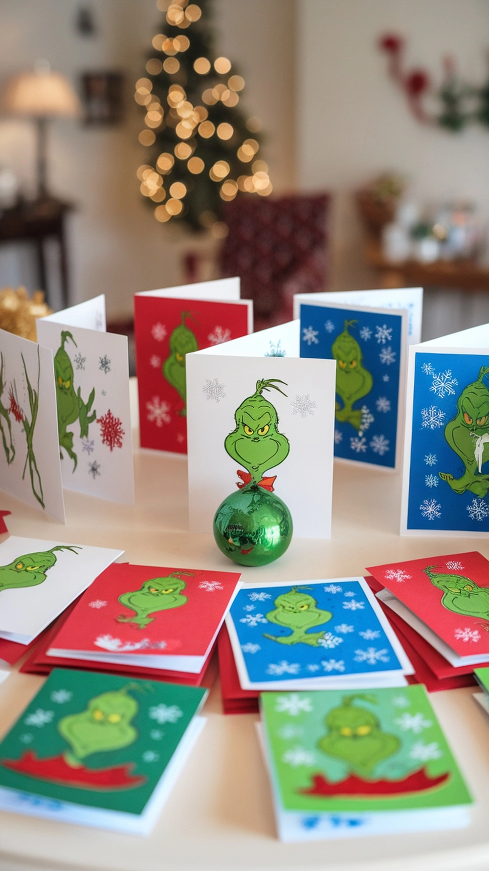 Colorful Grinch-themed holiday cards displayed on a table with a green ornament.