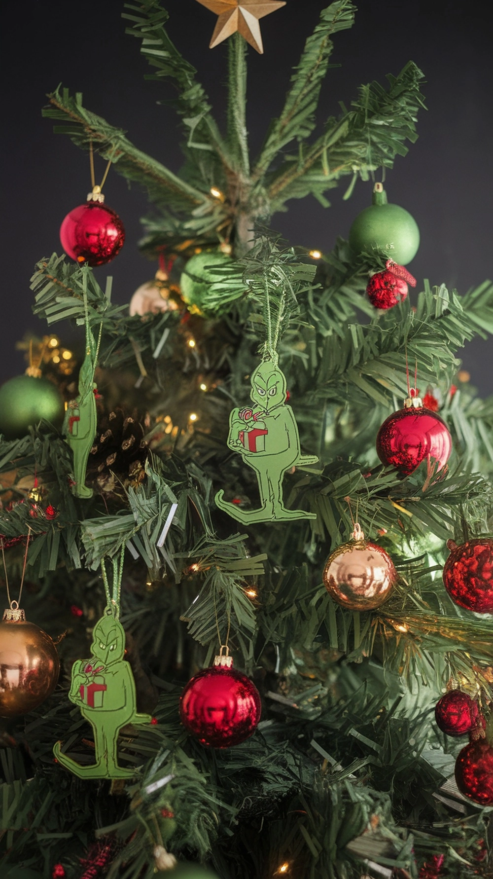 Colorful Grinch ornaments hanging on a Christmas tree with red and green decorations.
