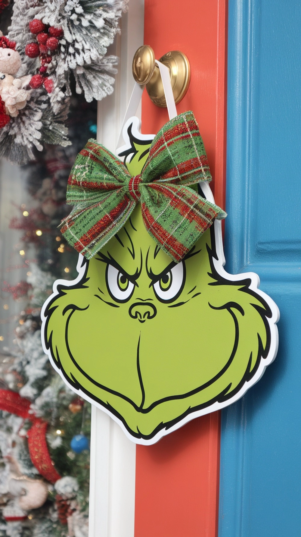 A Grinch-themed door hanger with a green face and a festive bow, hanging on a colorful door.