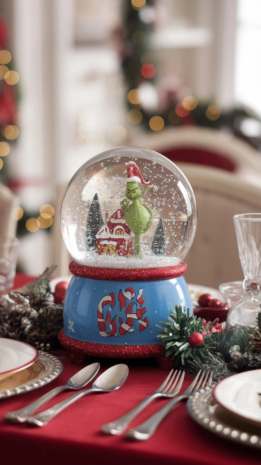 A festive Grinch snow globe featuring the Grinch and a small house, surrounded by trees, on a holiday table setting.
