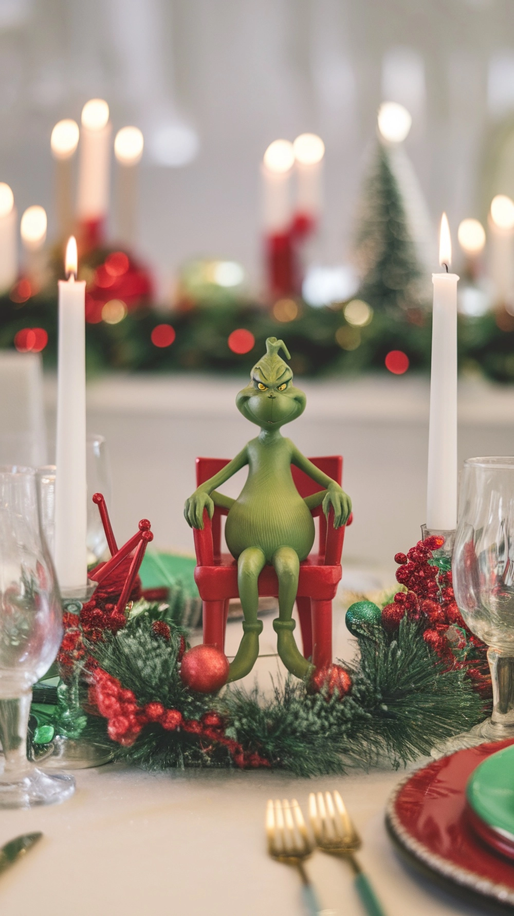 A whimsical Grinch centerpiece on a holiday table, featuring a Grinch figure in a red chair surrounded by greenery and ornaments.