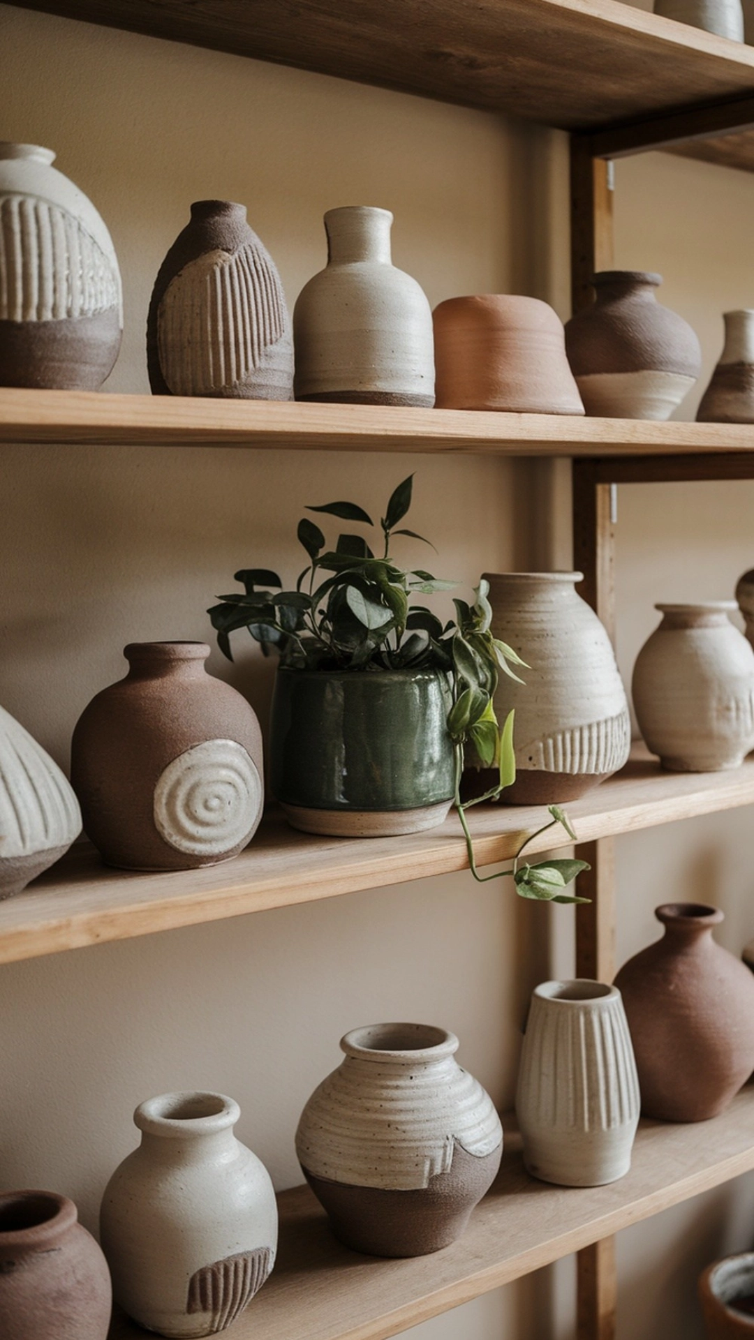 14 Earthy Cottage Home Decor Ideas to Transform Your Space 12 A collection of handmade pottery and ceramics on wooden shelves, showcasing various shapes and textures.