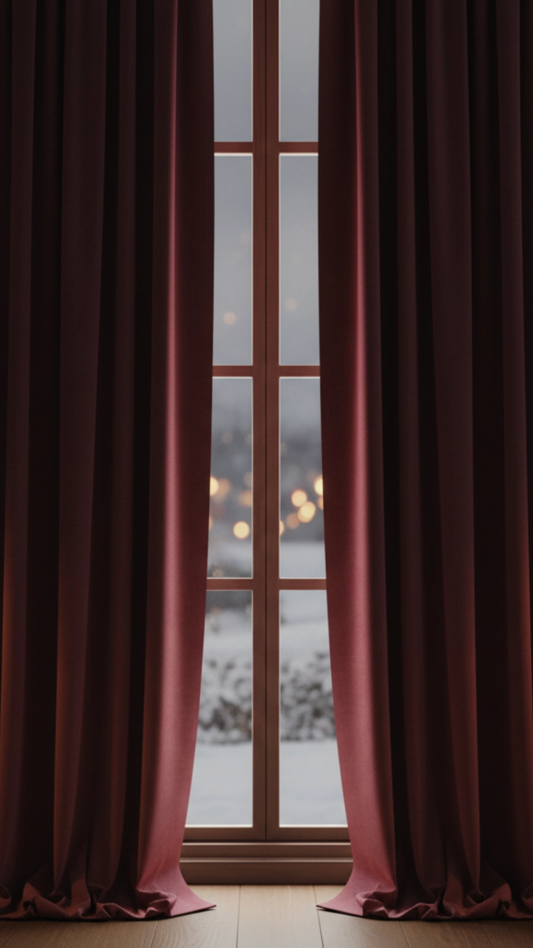 Thick, deep burgundy velvet curtains pulled mostly closed over a window to block cold drafts.