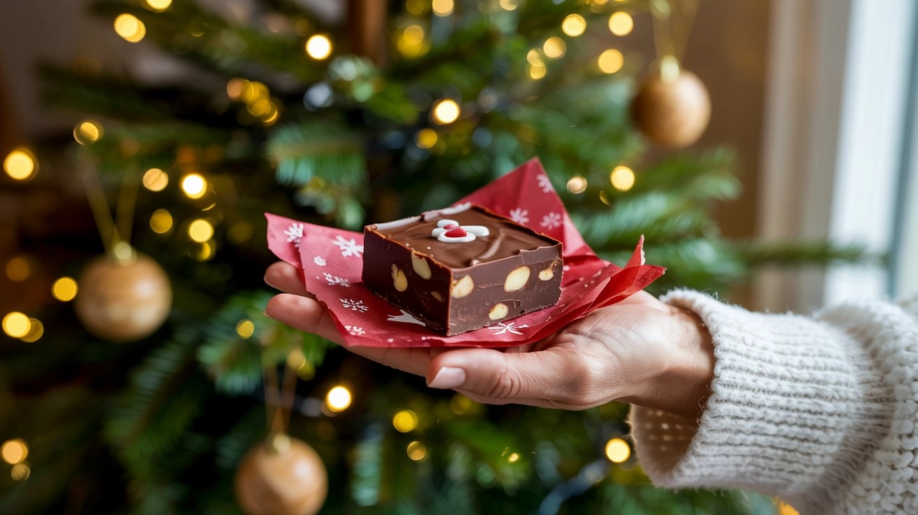 A close-up of a hand holding a perfect piece of creamy homemade Christmas fudge.