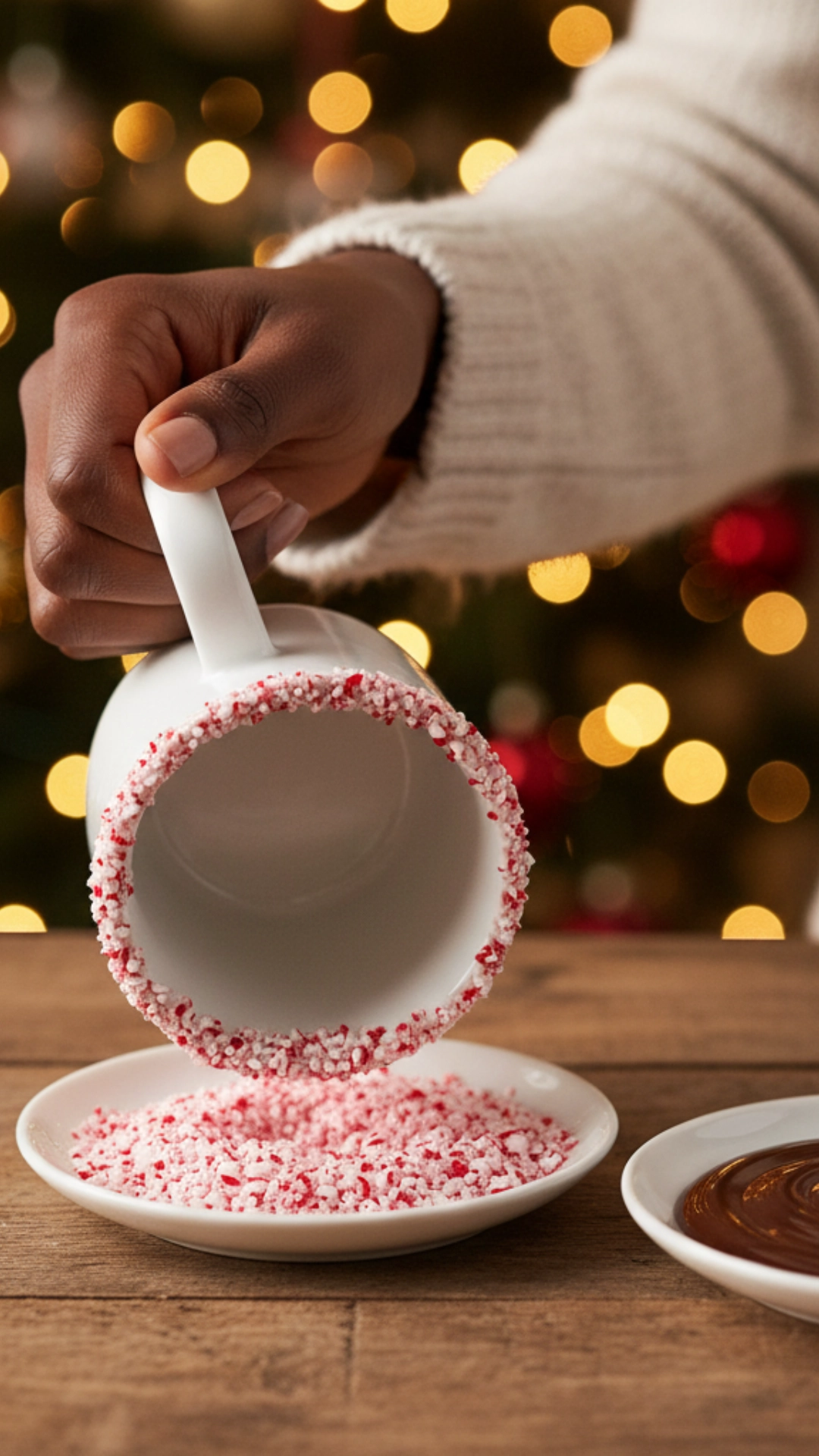 15 Cozy Christmas Drinks to Warm Up Winter Mornings 6 A woman dipping a mug rim into crushed candy canes to decorate the cozy Christmas drink.
