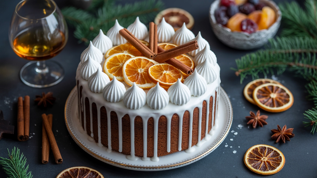A stunningly decorated traditional Christmas Cake, covered in white icing and rustic toppings, ready for the holidays.