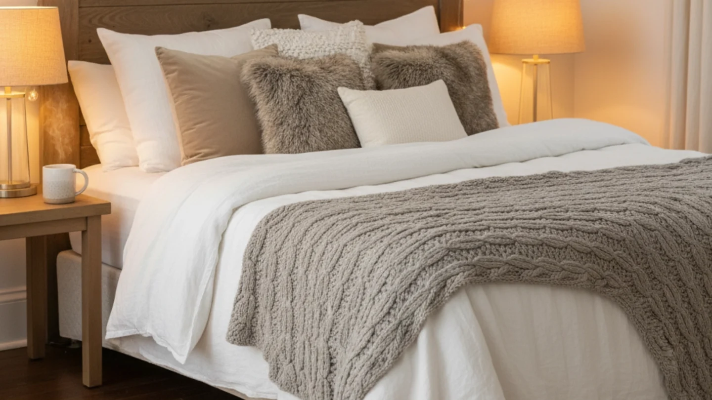 A layered bed with string lights, warm lamp, and a steaming mug in a cozy winter bedroom.