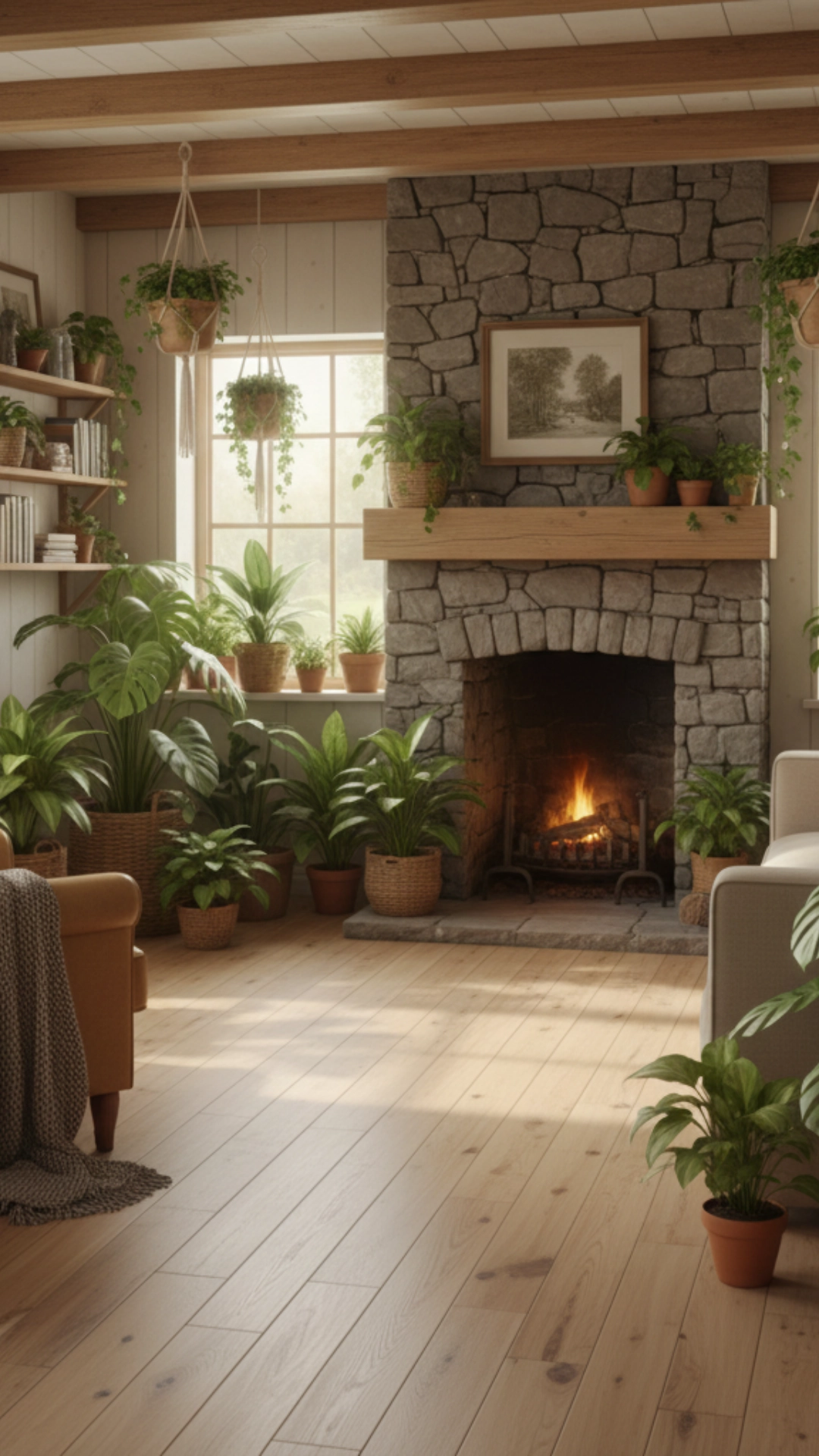 14 Earthy Cottage Home Decor Ideas to Transform Your Space 11 Indoor plants arranged on shelves and around a cozy corner, enhancing earthy cottage home decor.