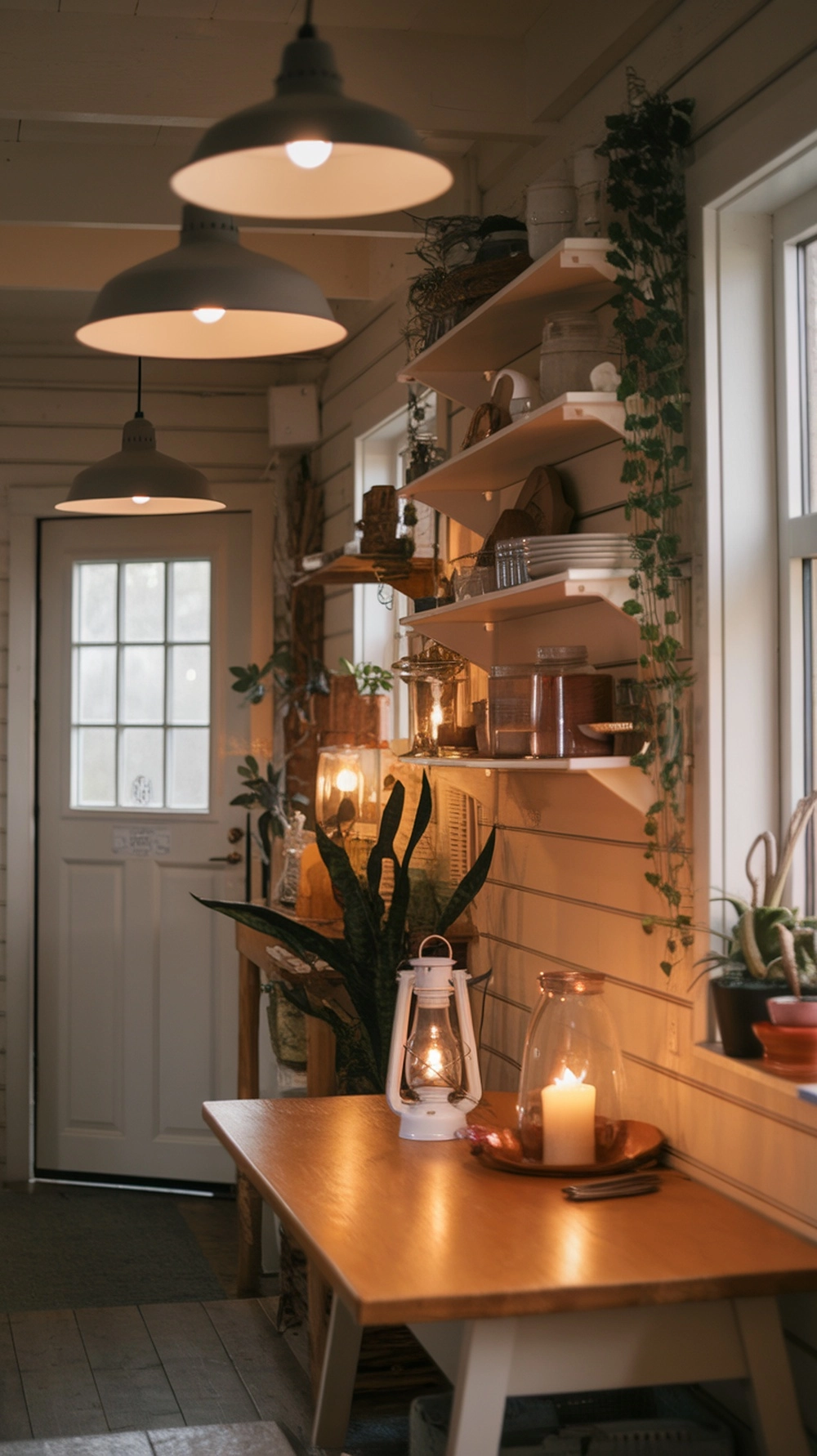 14 Earthy Cottage Home Decor Ideas to Transform Your Space 6 Cozy interior with layered lighting, featuring pendant lights, a lantern, and a candle on a table, surrounded by plants.