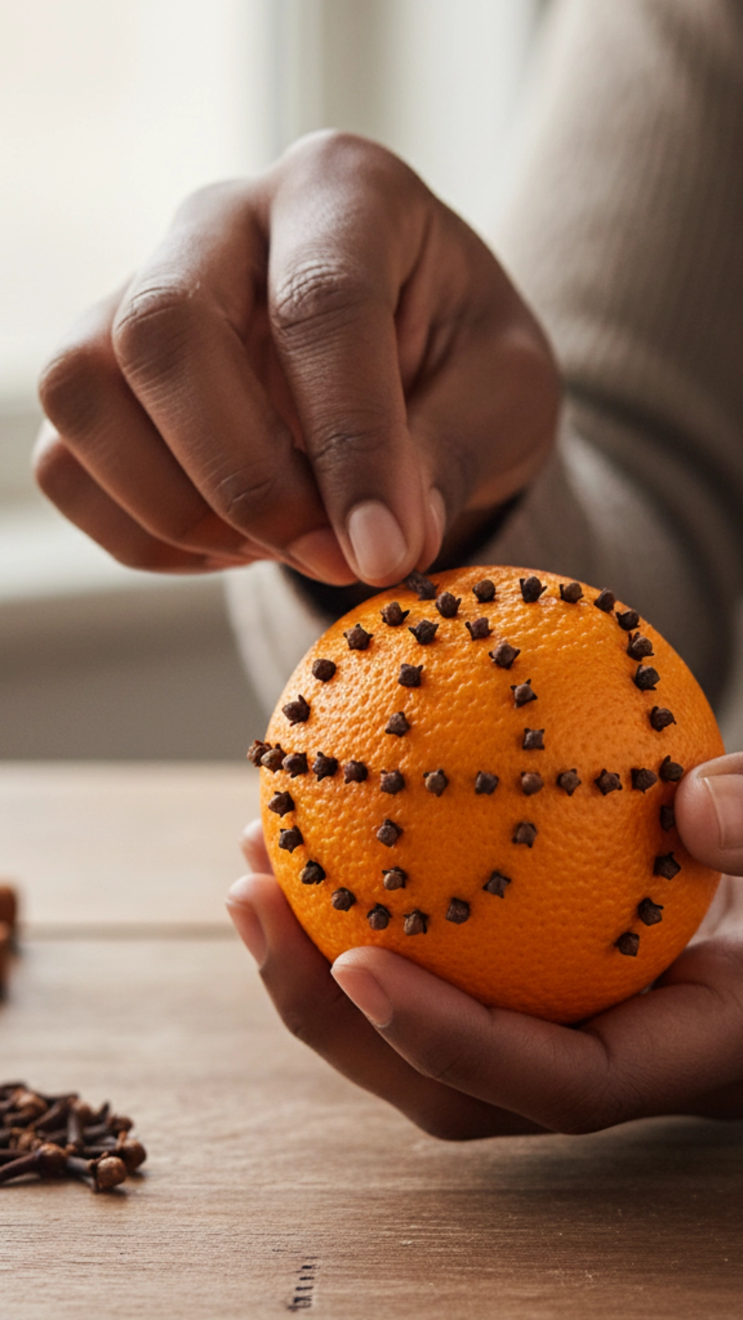 10 Simple DIY Holiday Centerpieces Anyone Can Make 6 A woman's hands studding a fresh orange with whole cloves to make a fragrant, simple DIY holiday centerpiece.