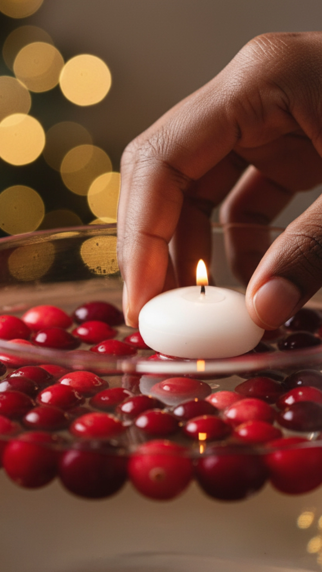 10 Simple DIY Holiday Centerpieces Anyone Can Make 3 A close-up of a woman's hands placing a floating candle into a glass bowl of water and cranberries, a simple DIY holiday centerpiece.