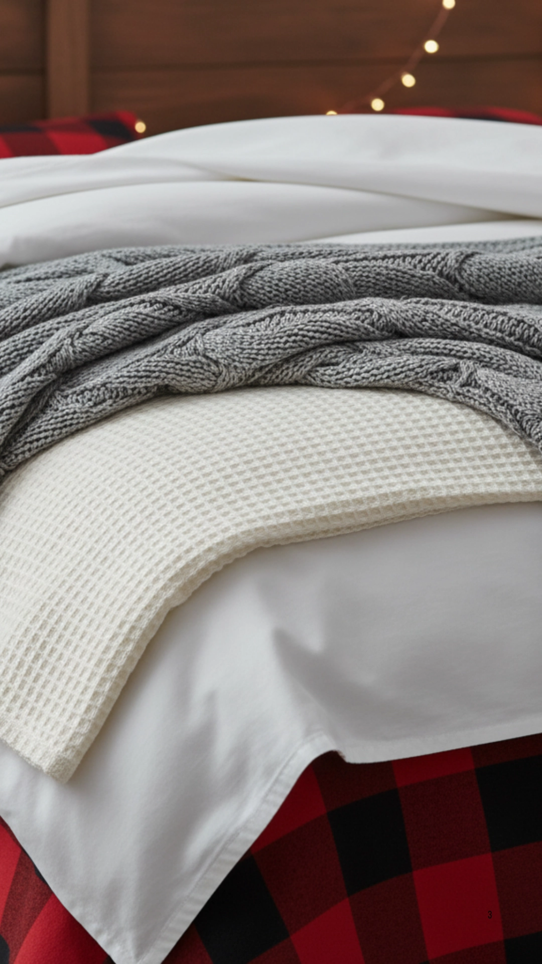 Close-up showing stacked bedding textures: flannel, waffle, white duvet, and chunky grey knit throw.