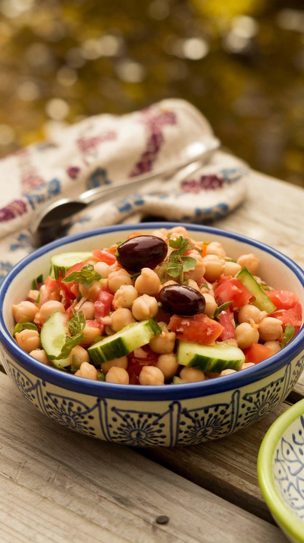 10 Thanksgiving Salad Recipes to Brighten Up the Table 4 A bowl of Mediterranean Chickpea Salad with cucumbers, tomatoes, and olives.