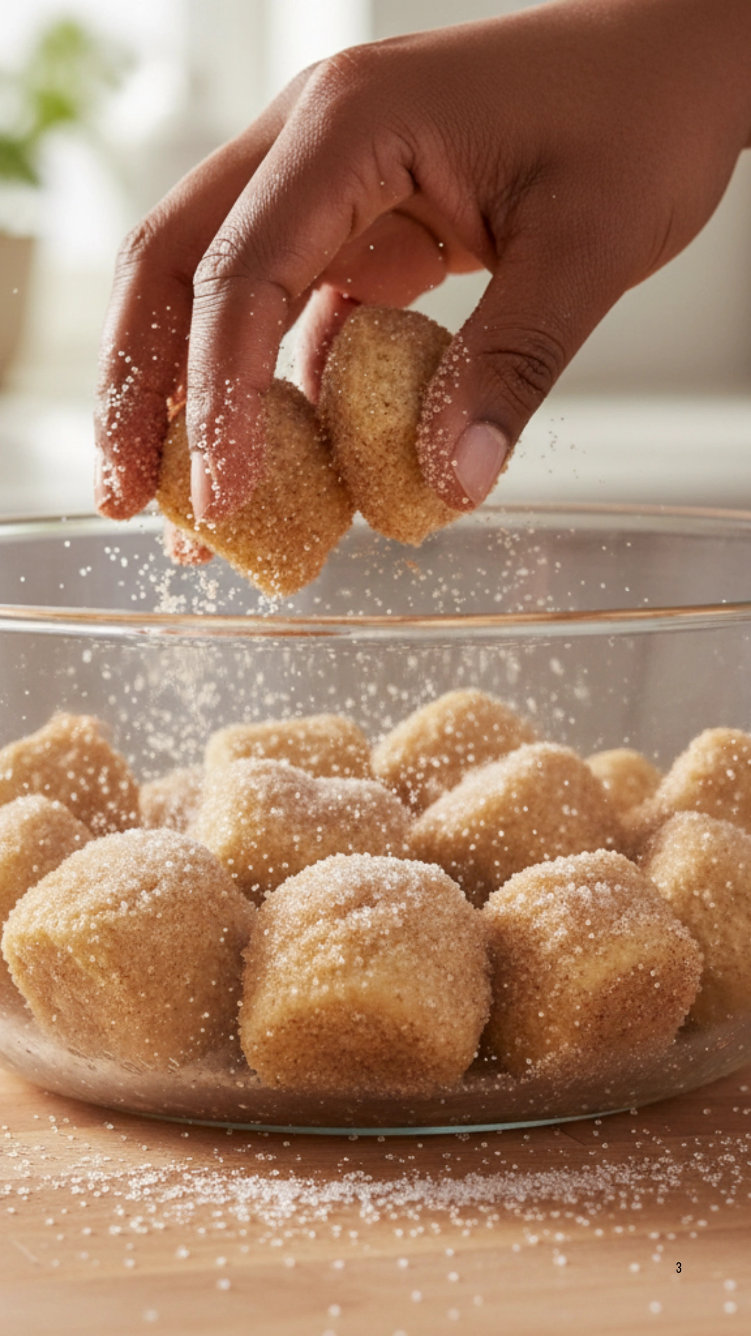 Biscuit dough pieces tossing in cinnamon and sugar mix