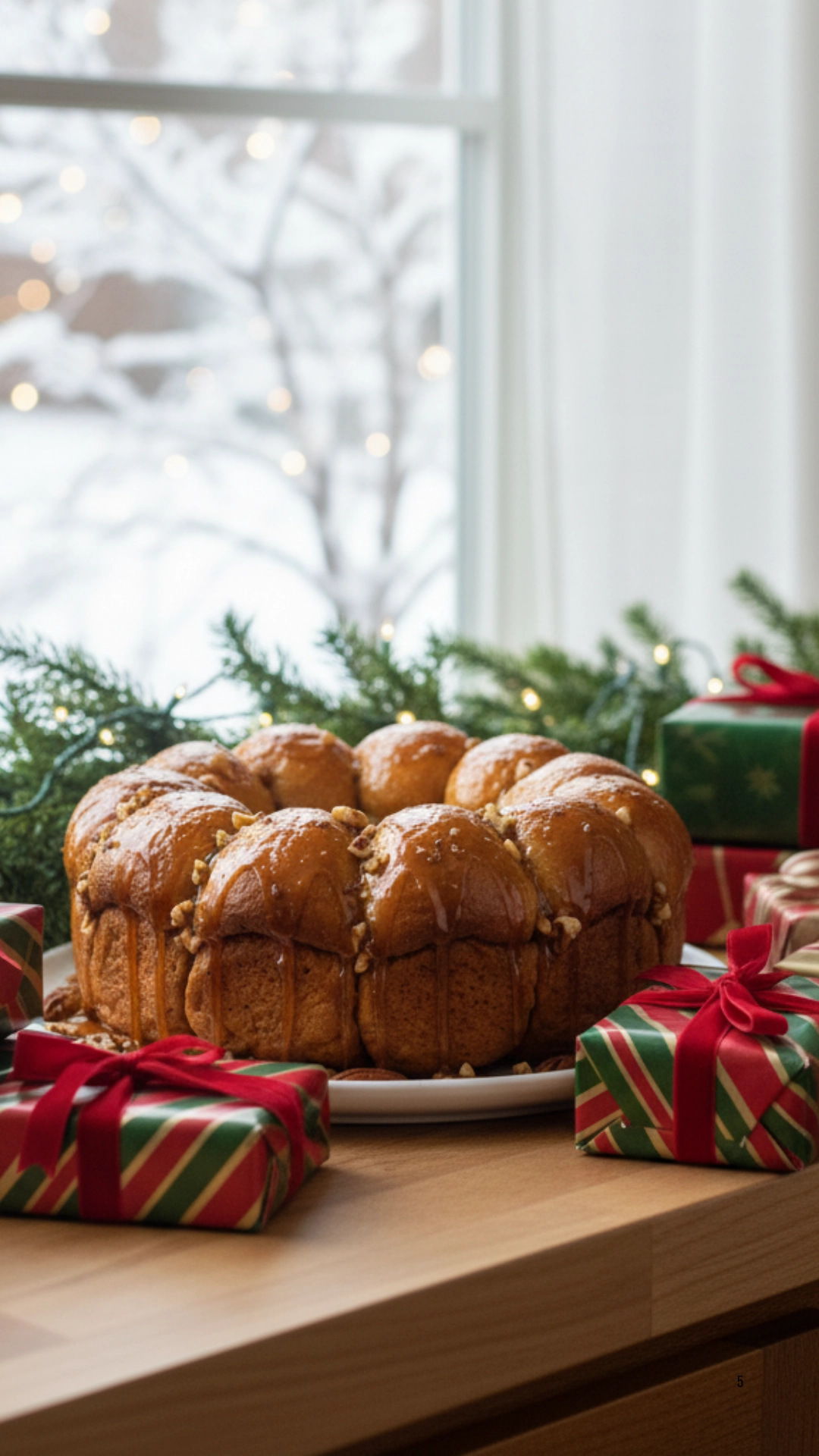 Christmas morning monkey bread next to holiday gifts