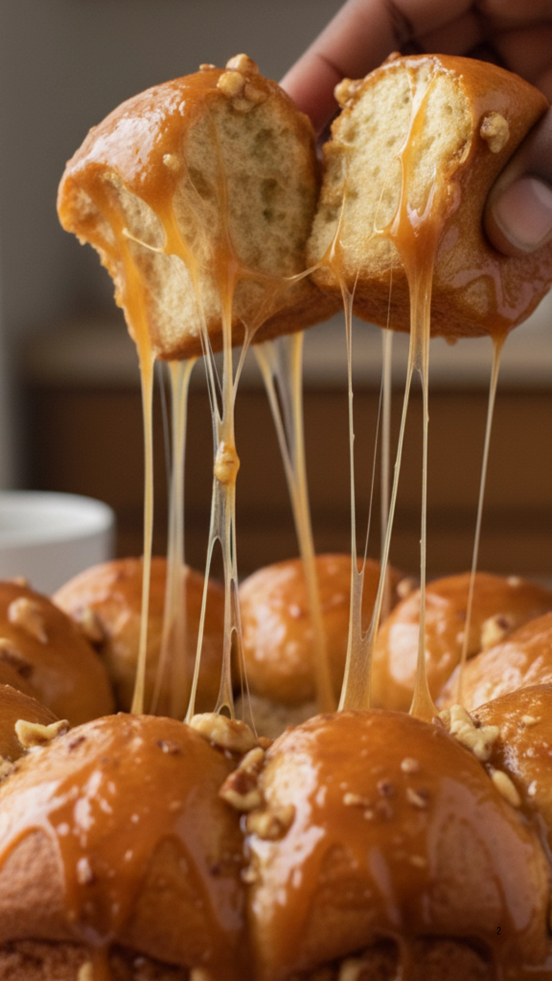Hand pulling apart sticky, gooey Christmas monkey bread