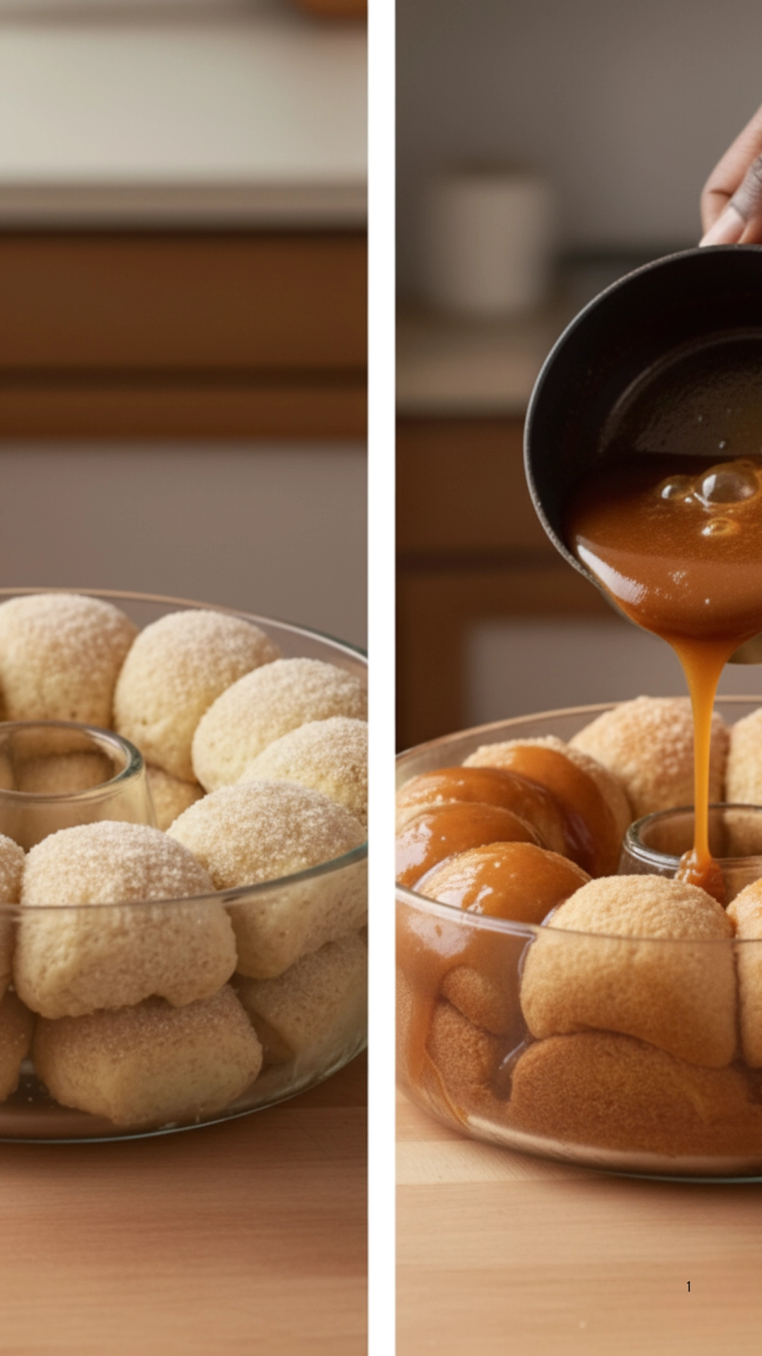 Pouring brown sugar caramel sauce over monkey bread