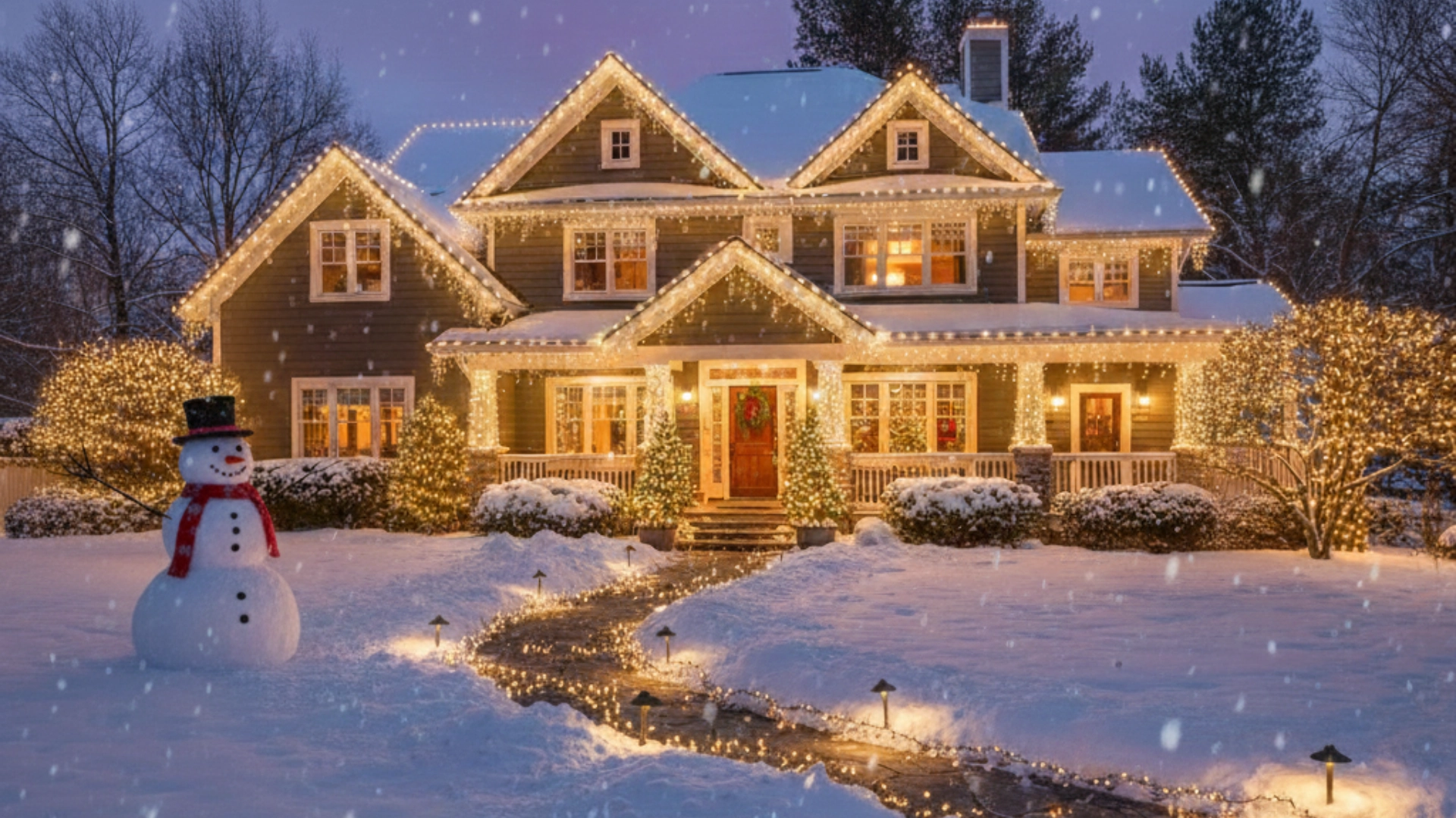 An elegant house adorned with warm string lights for an Outdoor Christmas Decoration, featuring a cheerful snowman to the left and twinkling lights lining the snowy pathway under a twilight sky with gentle snowfall.