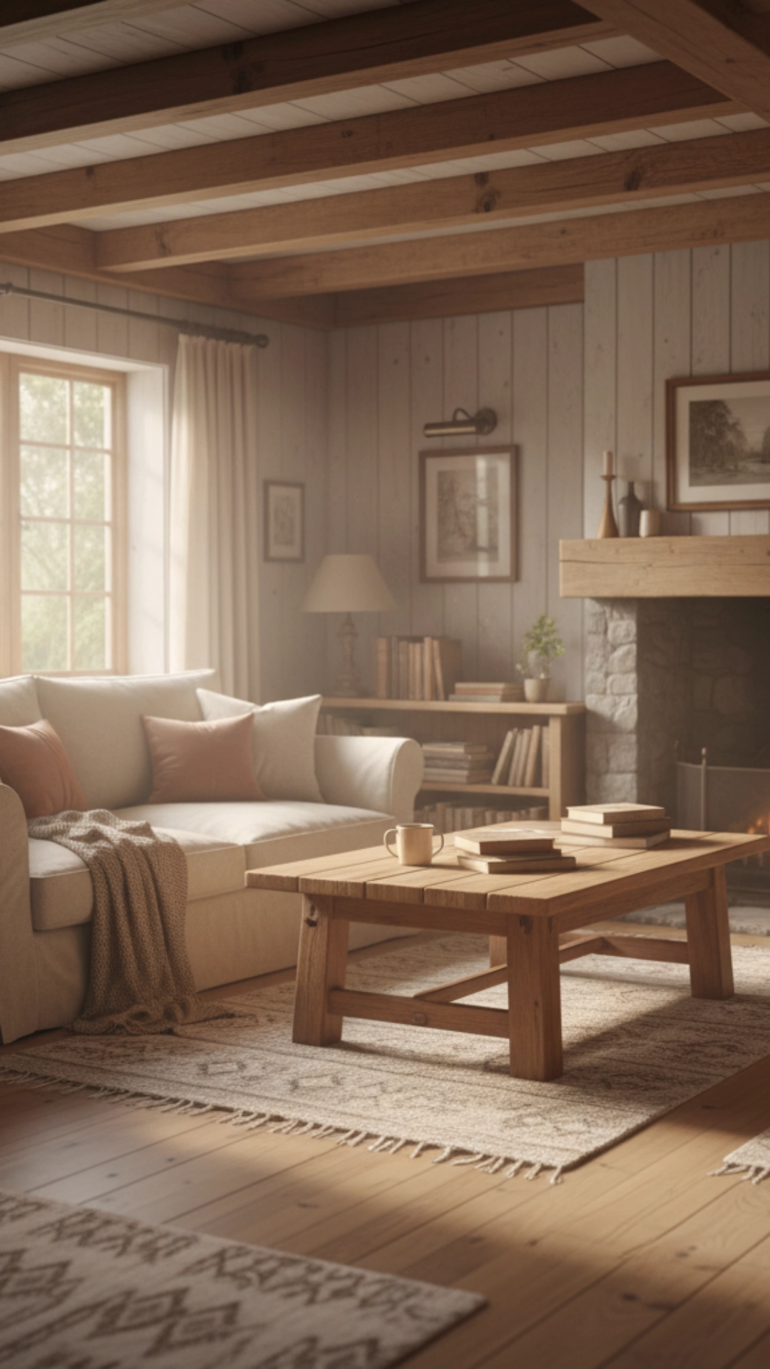 14 Earthy Cottage Home Decor Ideas to Transform Your Space 10 A cozy bedroom featuring natural wood accents, including a wooden nightstand, dresser, and beams, with a comfortable chair and plants.