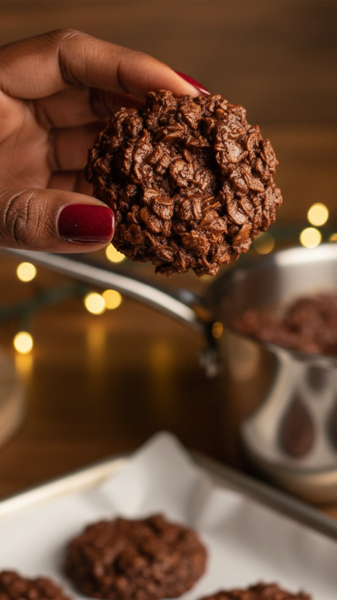 15 Shockingly Easy Holiday Cookie Recipes for Beginners 2 A woman's hand with a deep red manicure holds a single, glossy no-bake chocolate oat cluster cookie.