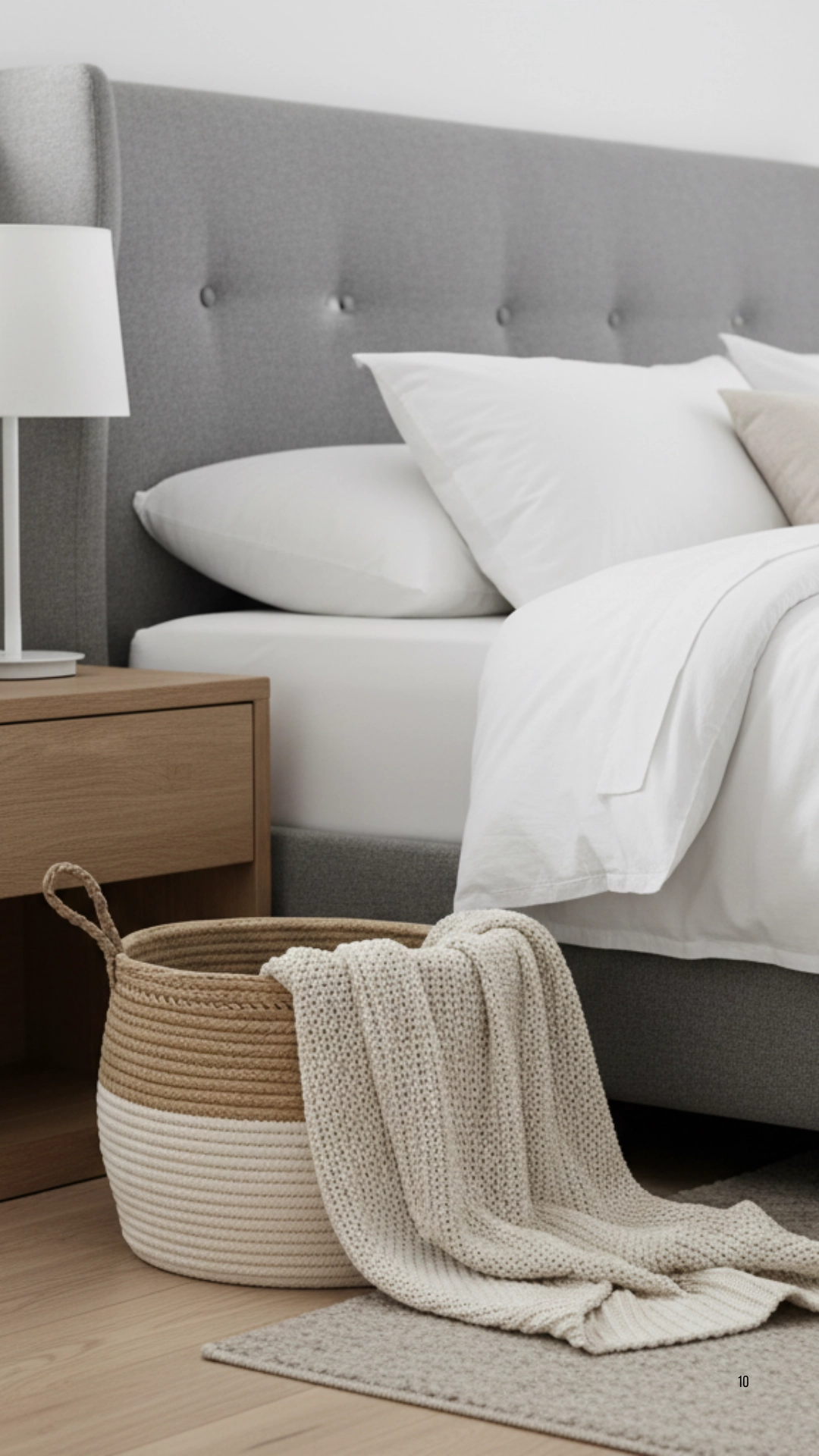 A clean corner of a bedroom with a woven blanket basket and a tidy wooden nightstand with a lamp and plant.