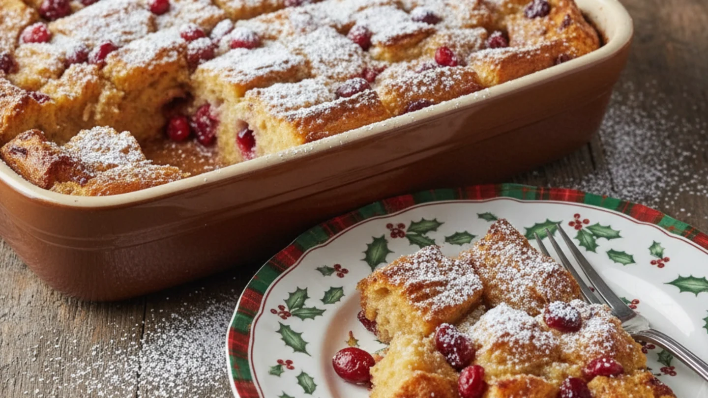 Golden cranberry French toast casserole with powdered sugar