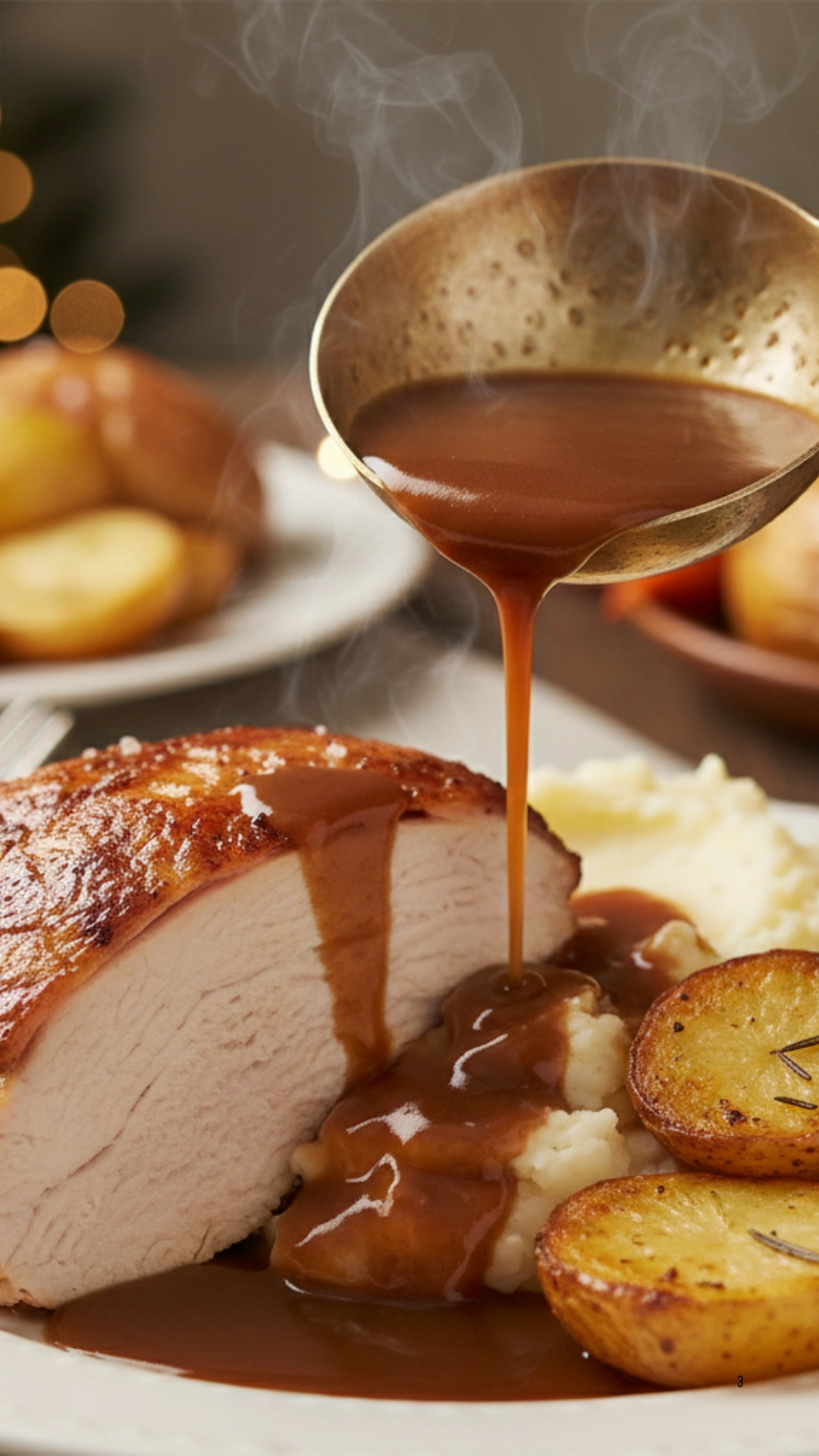 A fully plated Traditional Christmas Dinner with turkey, roast potatoes, vegetables, and gravy.