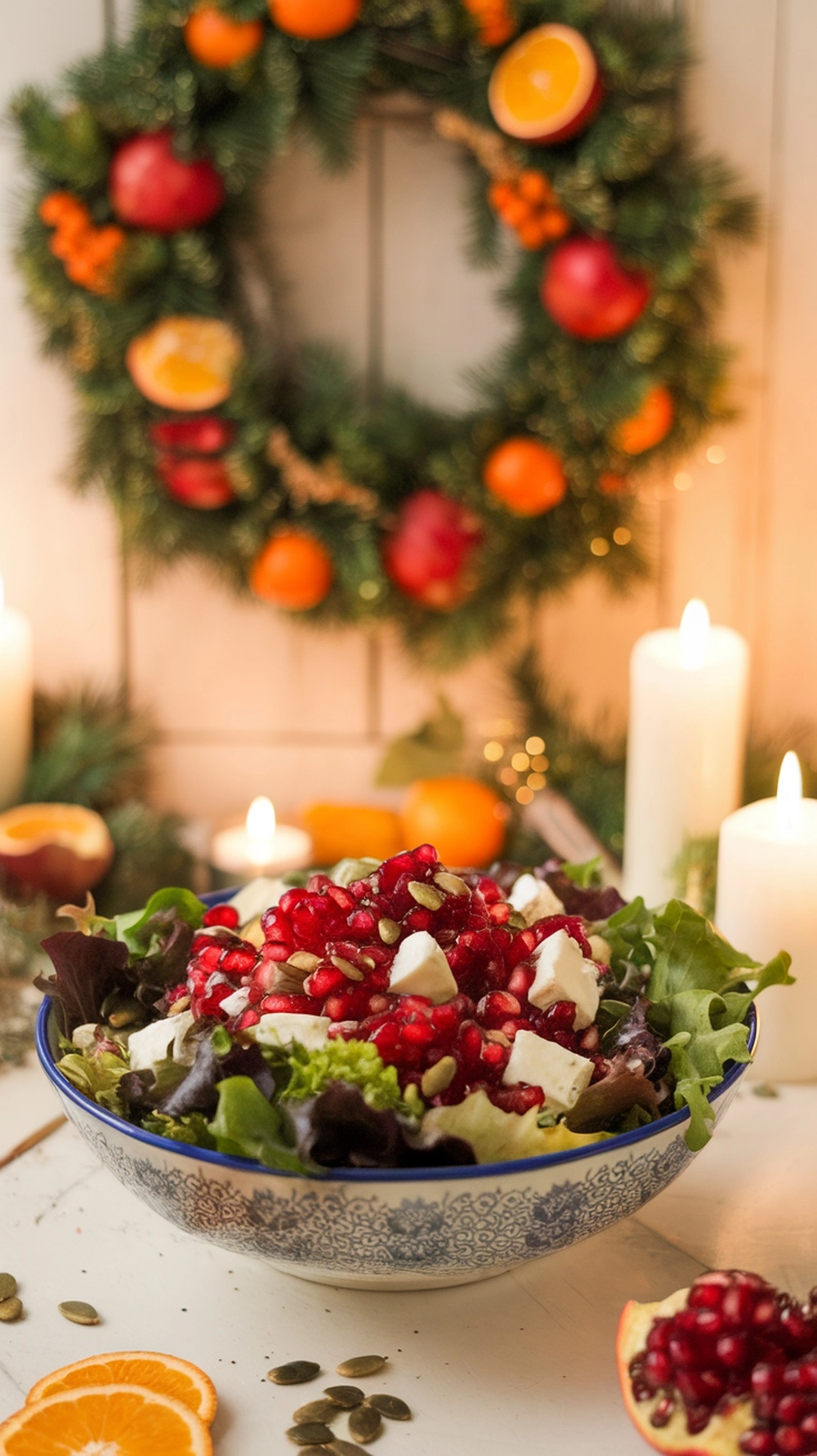 10 Thanksgiving Salad Recipes to Brighten Up the Table 3 A colorful Pomegranate and Feta Salad in a decorative bowl, surrounded by festive decorations.