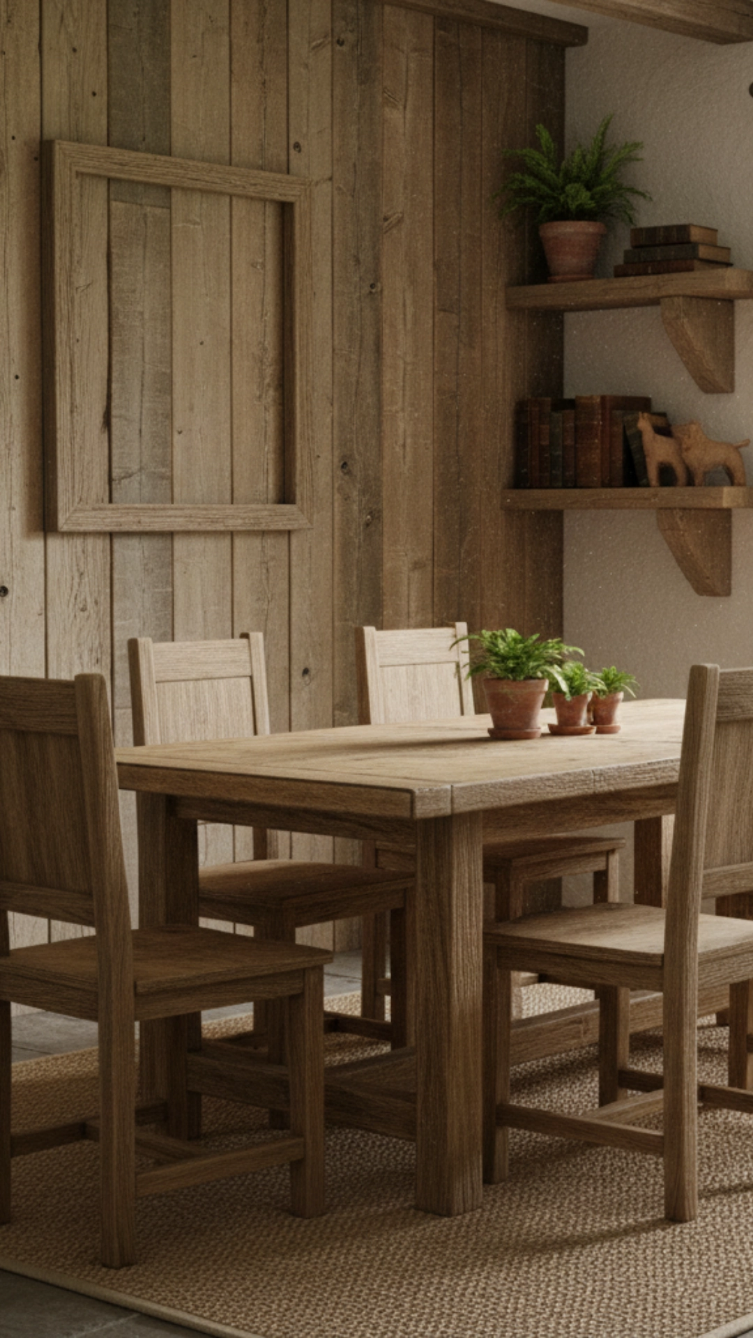 14 Earthy Cottage Home Decor Ideas to Transform Your Space 7 A cozy cottage with reclaimed wood features, including a wooden table and chair, surrounded by nature.