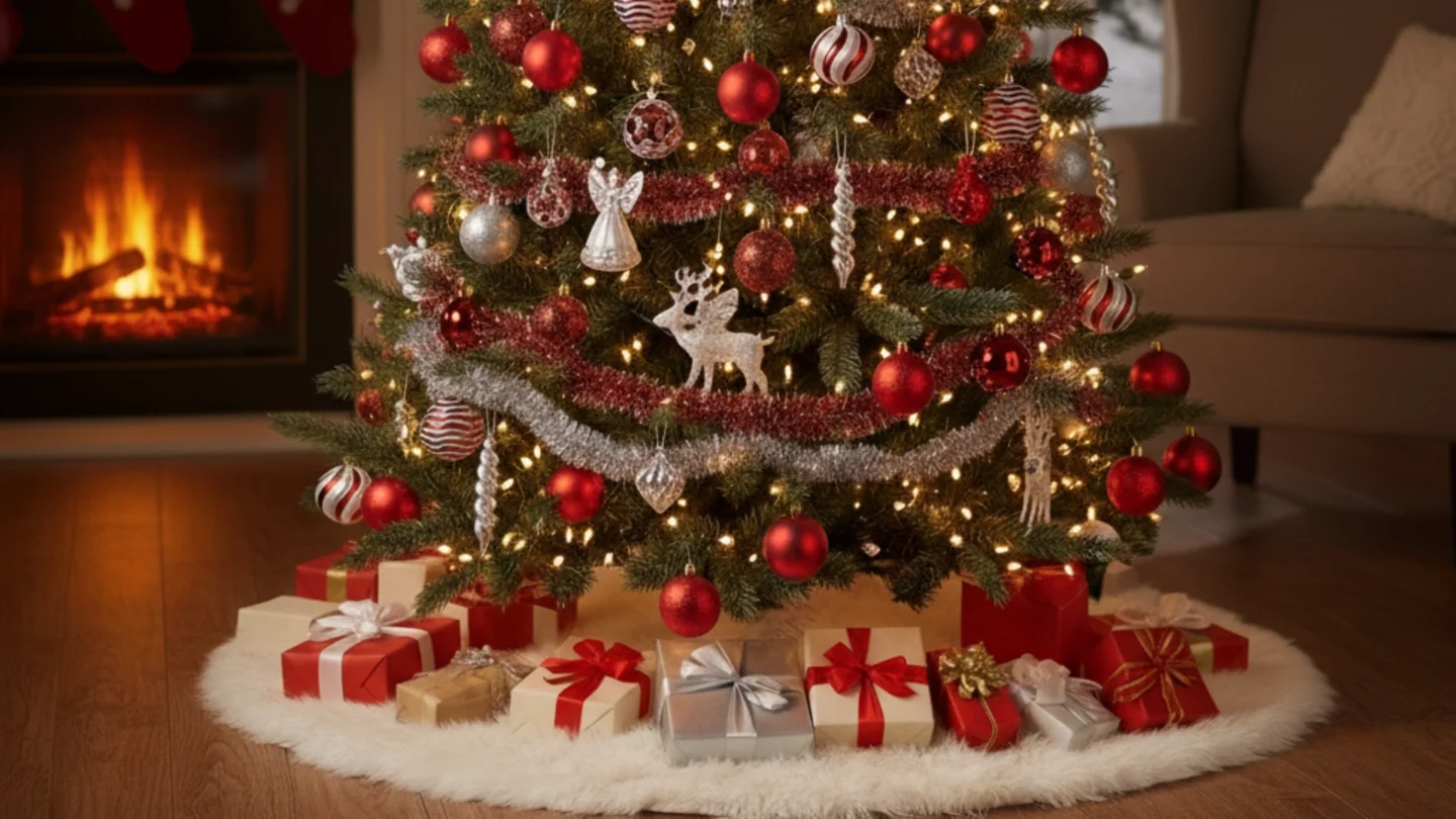 16 Stunning Red Christmas Decor Ideas 1 Christmas tree with red and silver ornaments in a festive living room.