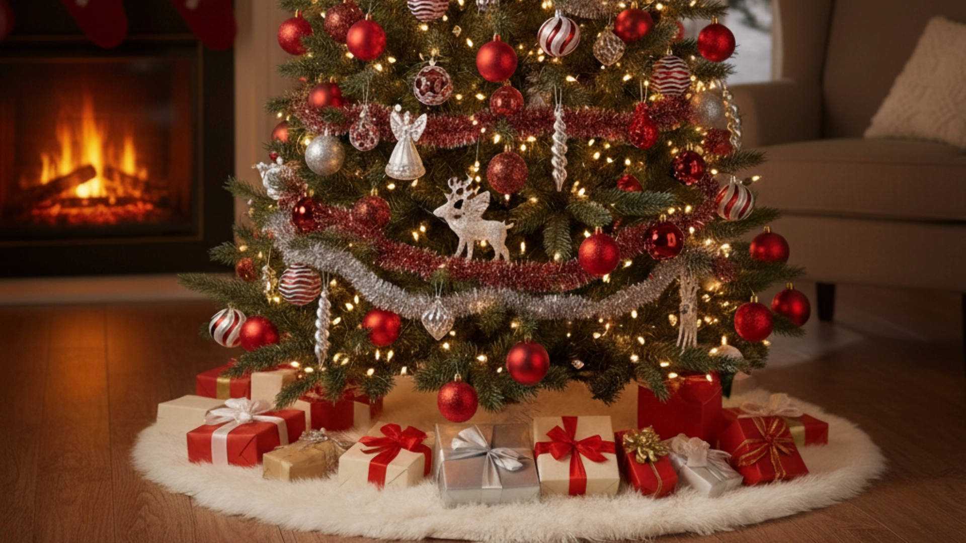 Christmas tree with red and silver ornaments in a festive living room.