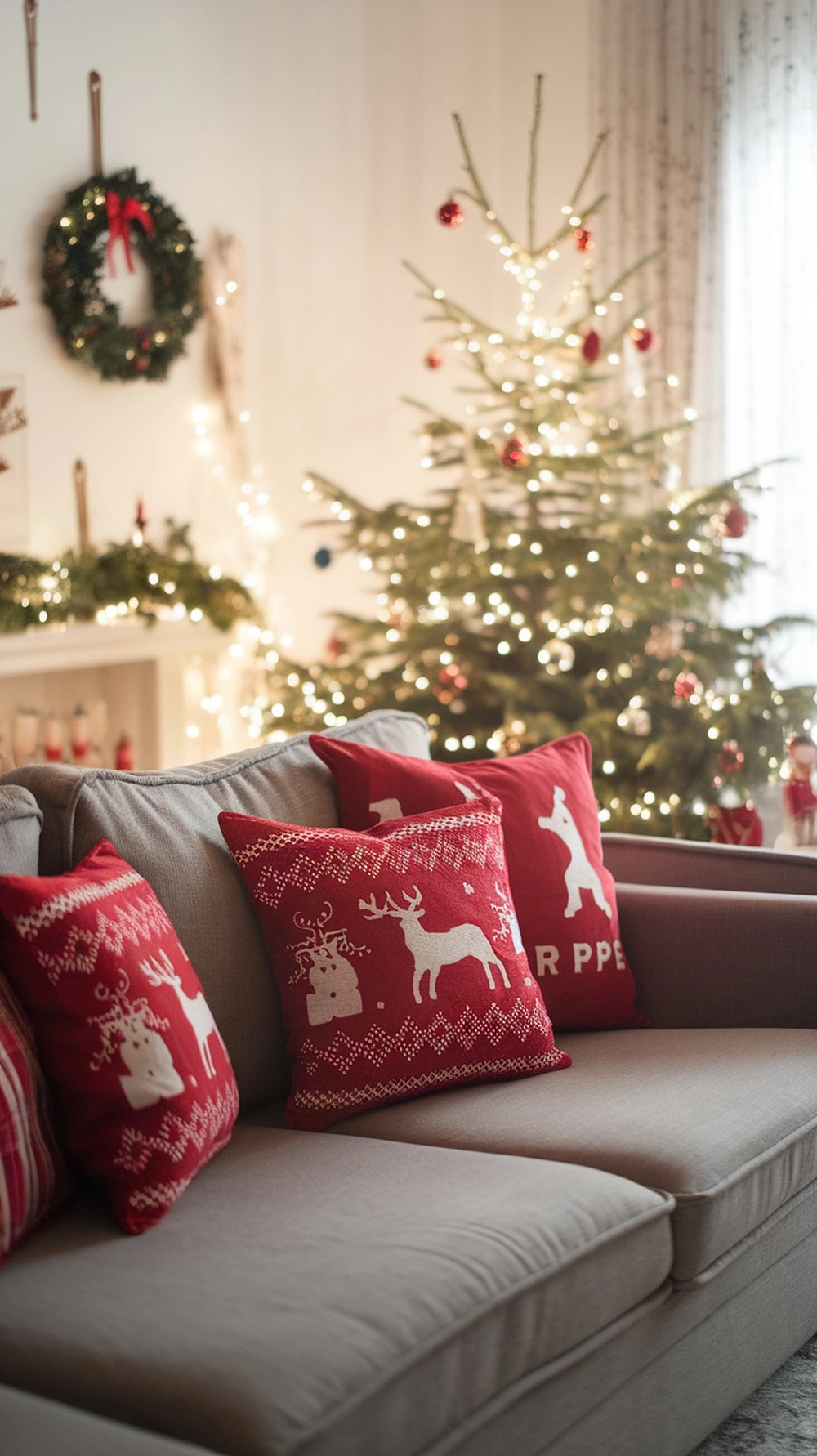 16 Stunning Red Christmas Decor Ideas 26 Cozy living room with red holiday throw pillows on a sofa, decorated for Christmas.