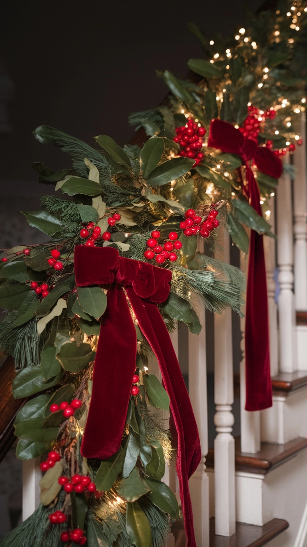 16 Stunning Red Christmas Decor Ideas 14 Red velvet bows on a garland with greenery and red berries