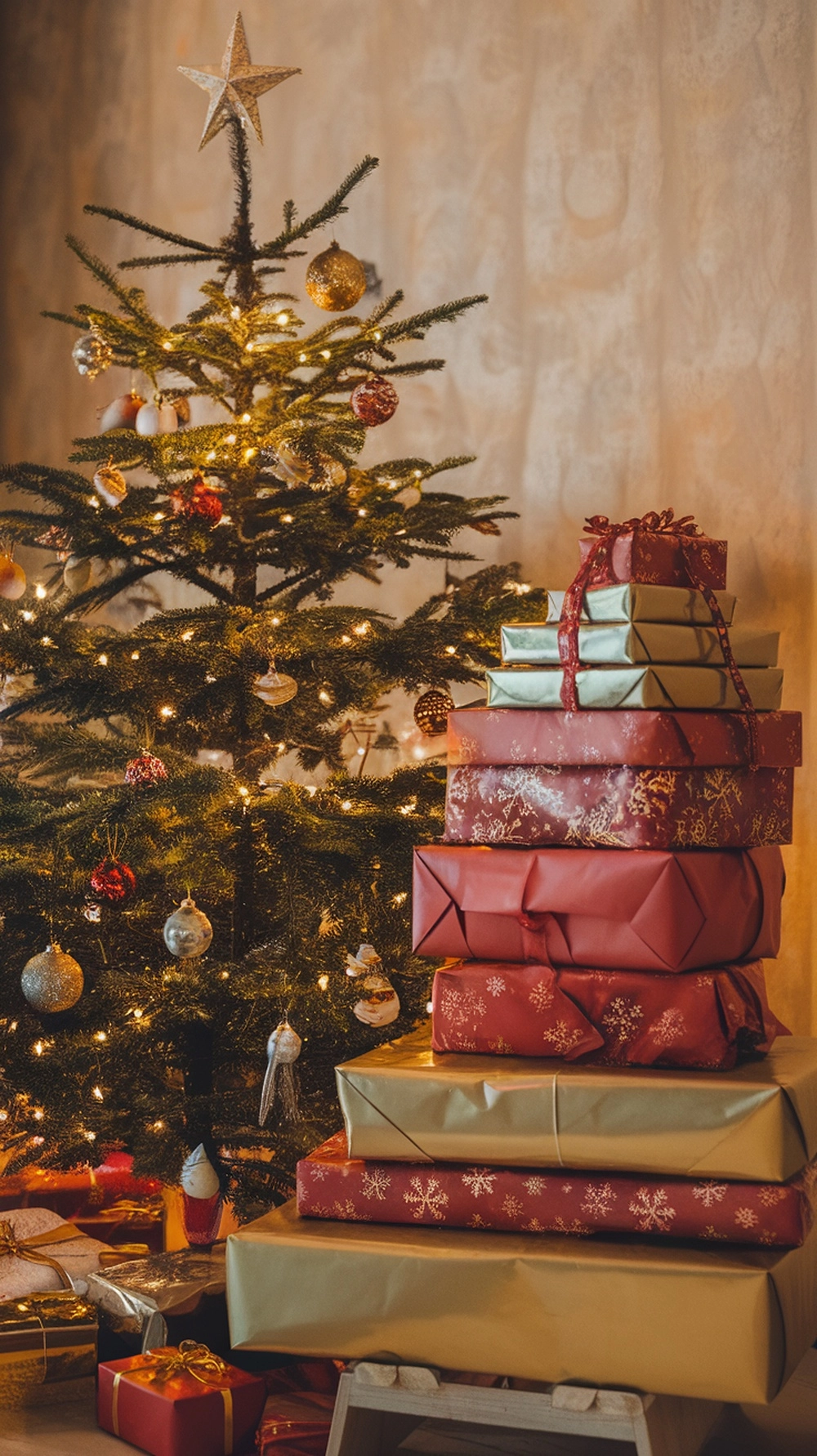 16 Stunning Red Christmas Decor Ideas 16 A beautifully decorated Christmas tree with red and gold wrapped gifts underneath.