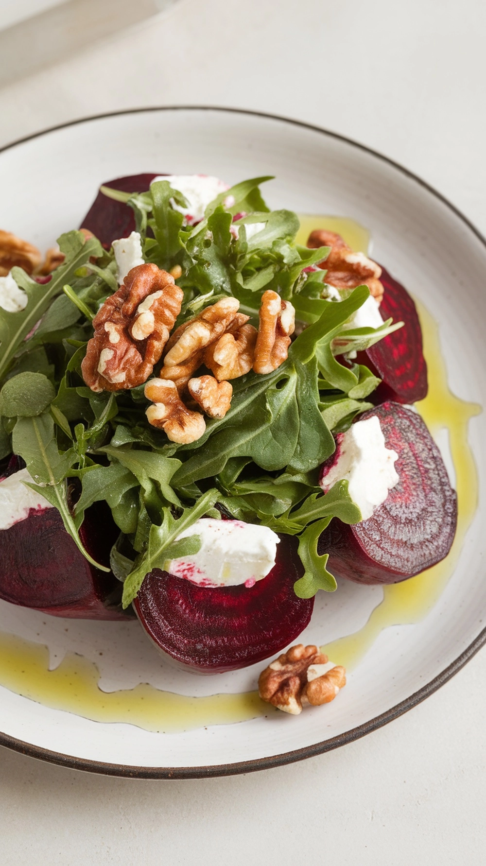 10 Thanksgiving Salad Recipes to Brighten Up the Table 5 A vibrant Roasted Beet and Goat Cheese Salad with arugula and walnuts on a plate.