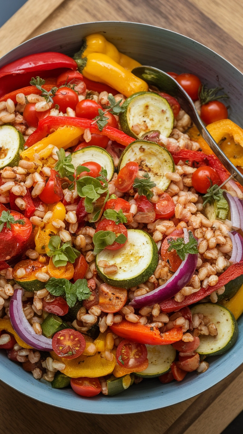 10 Thanksgiving Salad Recipes to Brighten Up the Table 10 A colorful bowl of roasted vegetable and farro salad with peppers, zucchini, and cherry tomatoes.