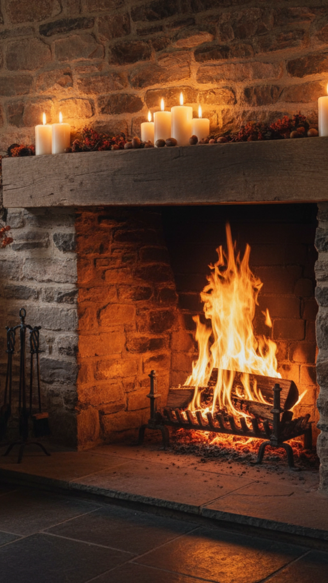 14 Earthy Cottage Home Decor Ideas to Transform Your Space 14 A rustic stone fireplace with candles and a wooden mantel, surrounded by cozy decor.