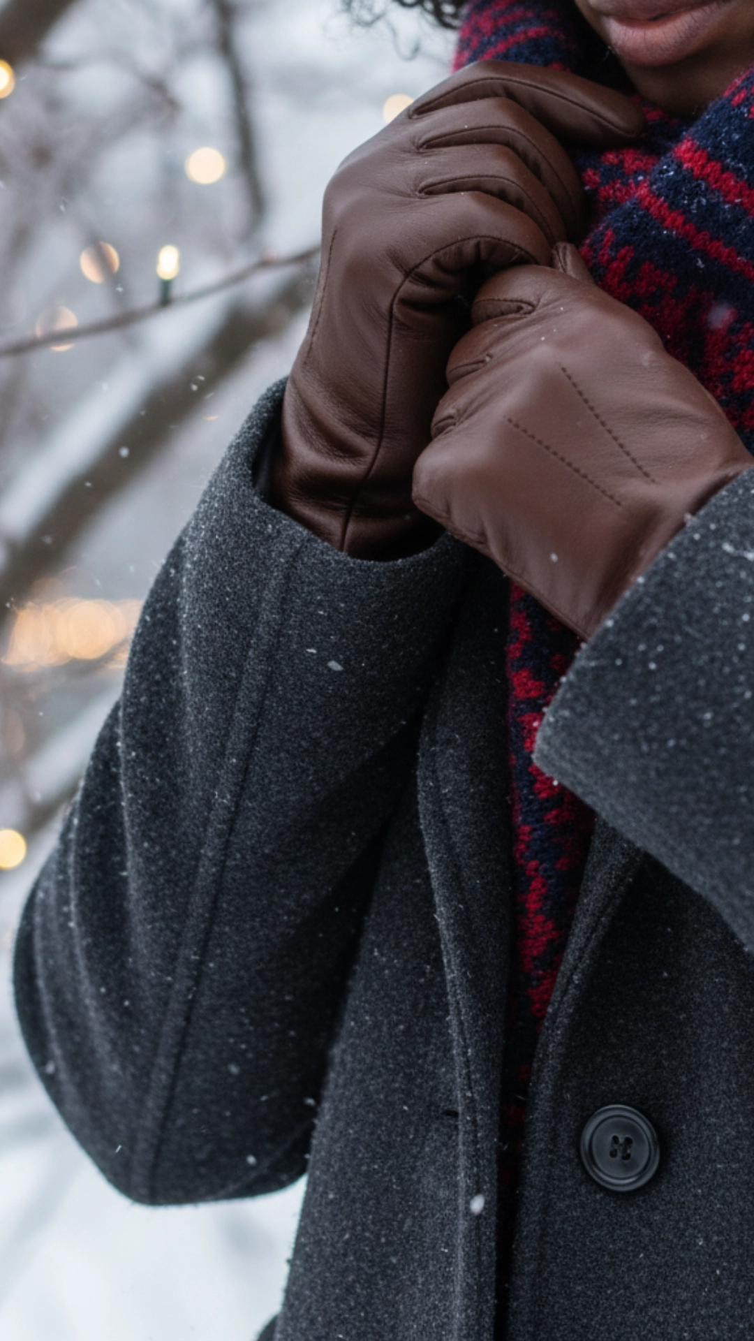 How to Style the Perfect Cozy Winter Outfit 10 Detail shot of a woman's hands adjusting her coat cuff over a leather glove to seal in warmth.