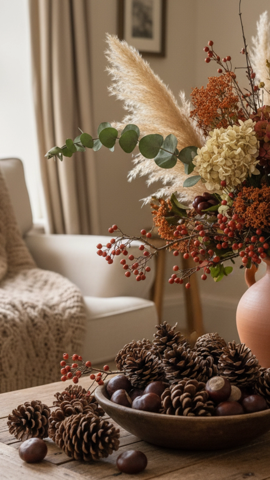 14 Earthy Cottage Home Decor Ideas to Transform Your Space 5 A cozy cottage interior featuring pinecones, a lantern, and natural decor elements.