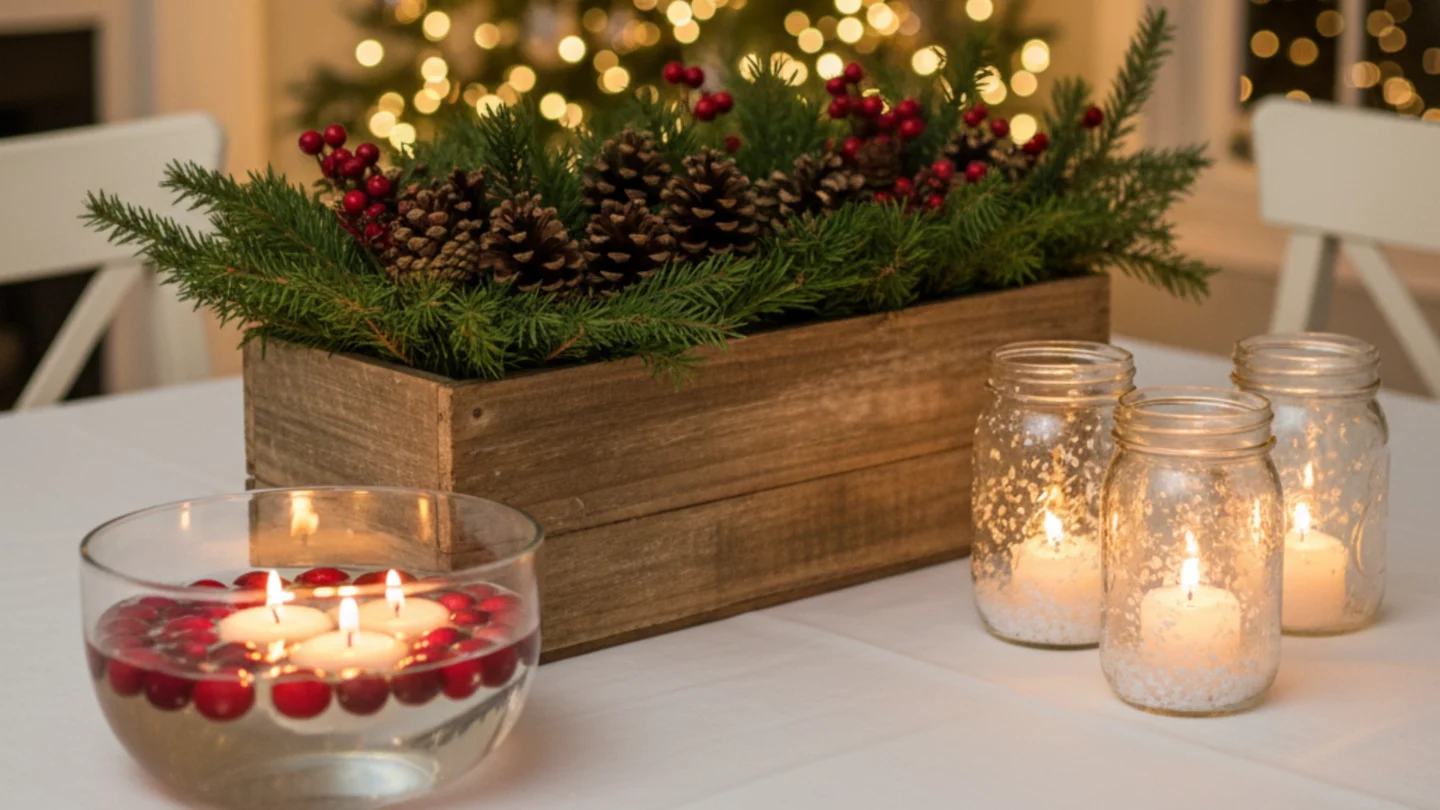 10 Simple DIY Holiday Centerpieces Anyone Can Make 1 A festive arrangement of three different simple DIY holiday centerpieces on a beautifully decorated holiday table, suitable for easy homemade decor.