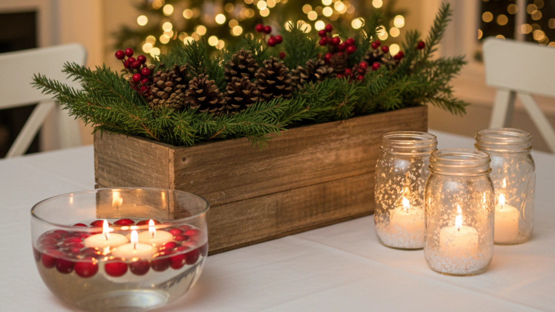 A festive arrangement of three different simple DIY holiday centerpieces on a beautifully decorated holiday table, suitable for easy homemade decor.