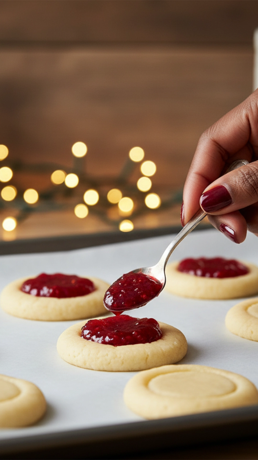 15 Shockingly Easy Holiday Cookie Recipes for Beginners 7 A woman's hand with burgundy nail polish holds a small spoon, carefully filling the center of a thumbprint cookie with red raspberry jam.