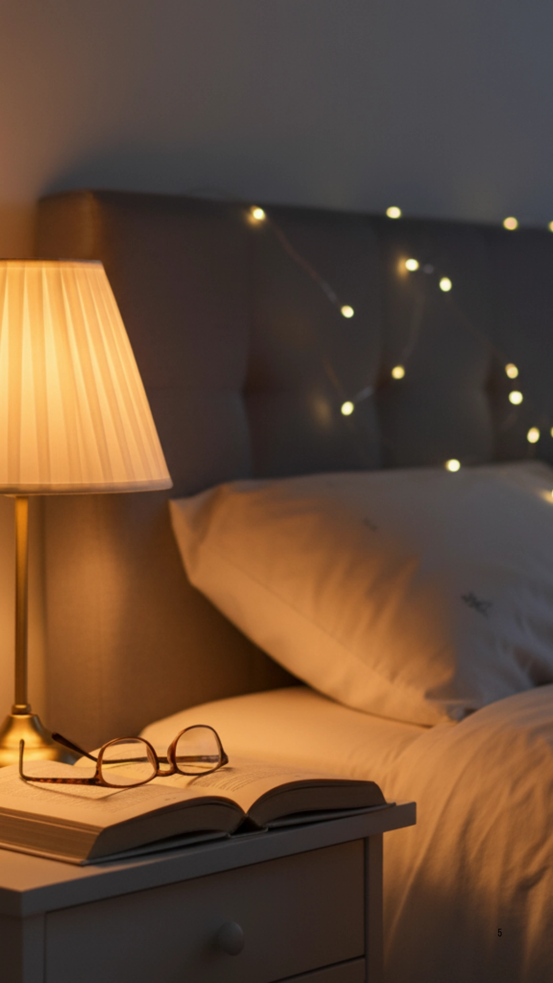 A warm lamp is on a bedside table next to a plant and book, with soft fairy lights in the background.