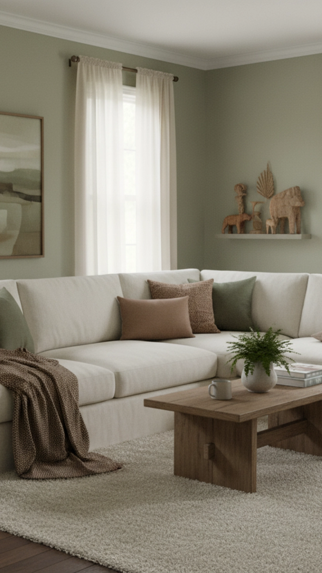 14 Earthy Cottage Home Decor Ideas to Transform Your Space 16 A cozy corner featuring a soft earthy color palette with poufs, vases, and wall art.