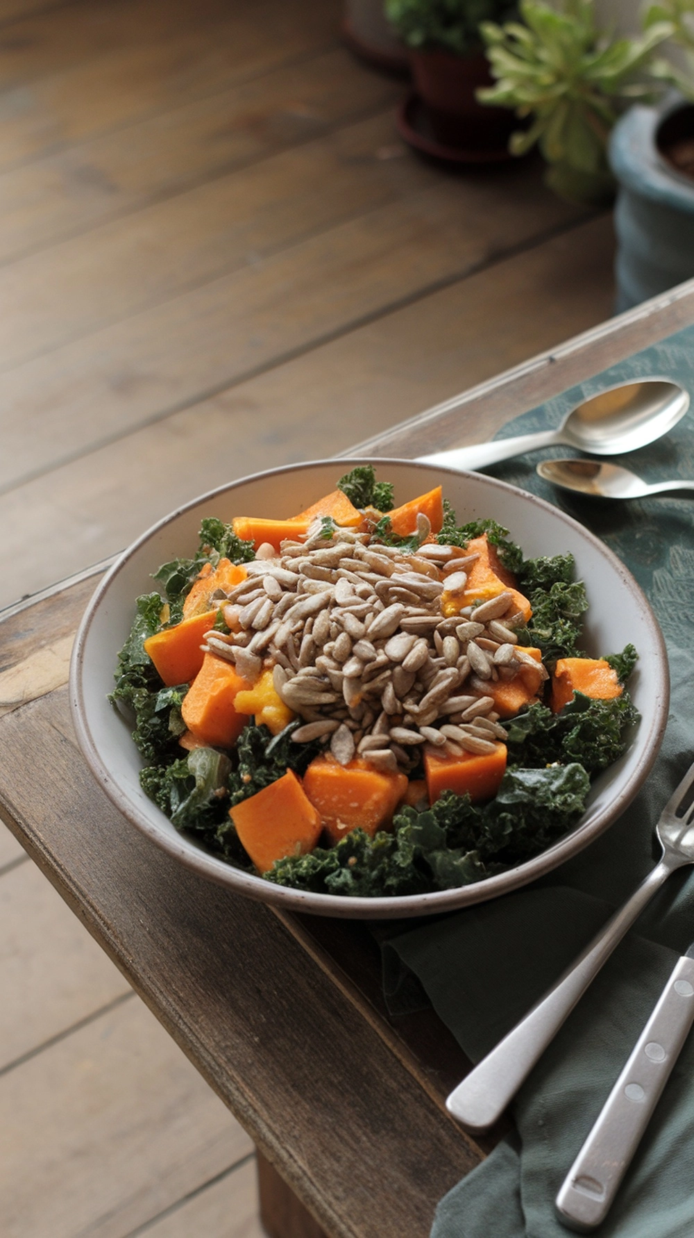 10 Thanksgiving Salad Recipes to Brighten Up the Table 7 A colorful Sweet Potato and Kale Salad topped with sunflower seeds, served in a bowl on a wooden table.